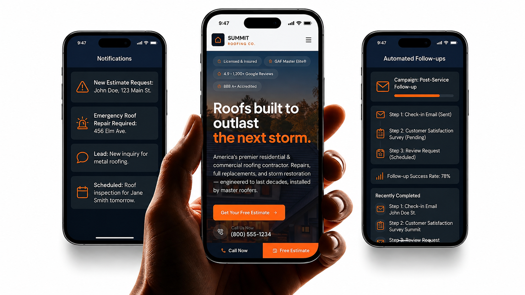 Mobile-first roofing website screens shown on three phones