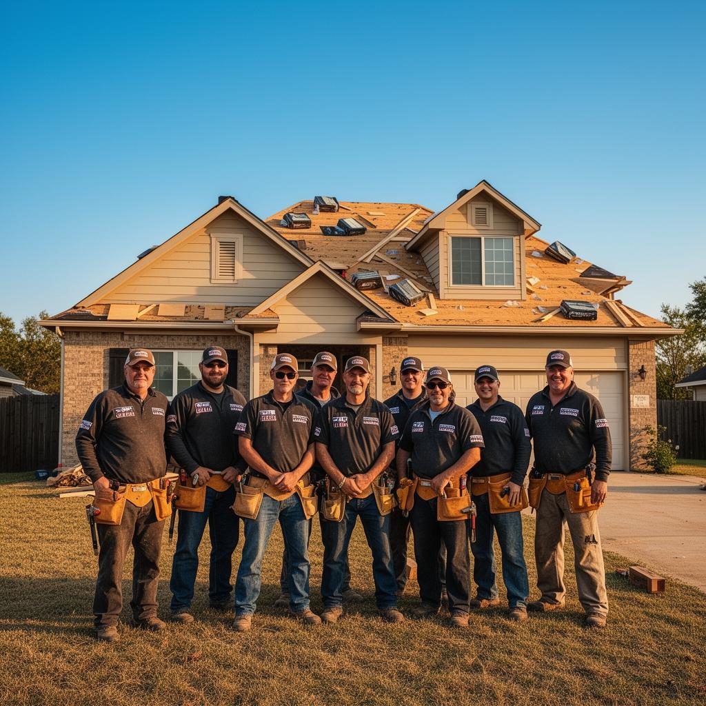 Professional American roofing crew in front of a residential job site
