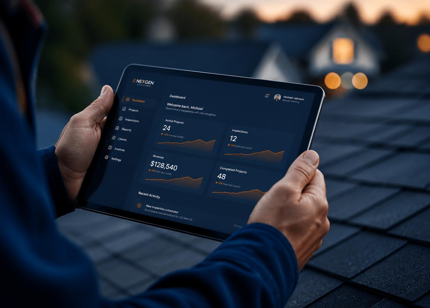 Roofing contractor reviewing a lead dashboard on a tablet